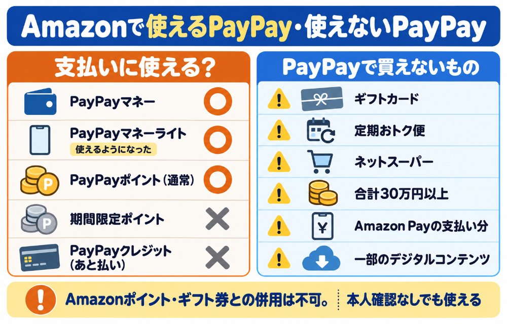 AmazonでPayPayの何が使えるかの○×表(PayPayマネー○・PayPayマネーライト○(2025年6月から)・PayPayポイント通常○・期間限定ポイント×・PayPayクレジット×・Amazonポイントやギフト券との併用×)とPayPayで買えないもの(ギフトカード・定期おトク便・ネットスーパー・30万円以上・Amazon Pay分・一部デジタルコンテンツ)