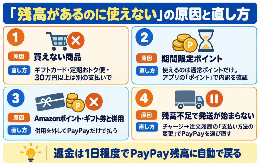 AmazonでPayPayが使えないときのチェックリスト(買えない商品ではないか・Amazonポイントやギフト券を併用していないか・期間限定ポイントではないか・残高不足で注文確定後に発送が止まっていないか→チャージして注文履歴から支払い方法を更新・別のPayPayアカウントと連携済みではないか)