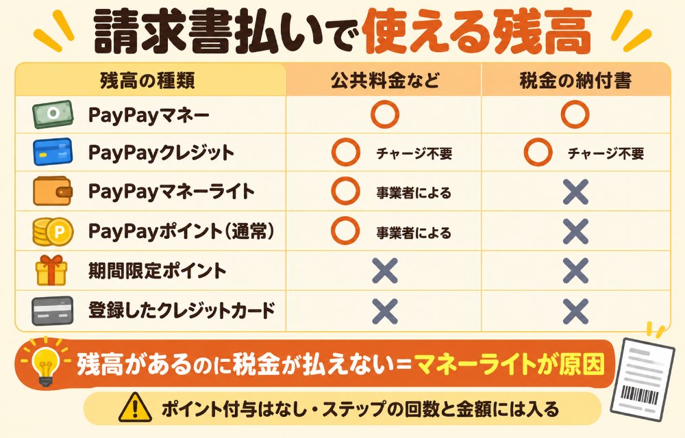 PayPay請求書払いで使える残高の種類(公共料金など=PayPayマネー・PayPayマネー(給与)・PayPayマネーライト・PayPayポイント(通常)・PayPayクレジットが使える、期間限定ポイントは不可/税金の納付書=PayPayマネー・マネー(給与)・PayPayクレジットのみ、マネーライトとポイントは不可/登録したクレジットカードは不可)