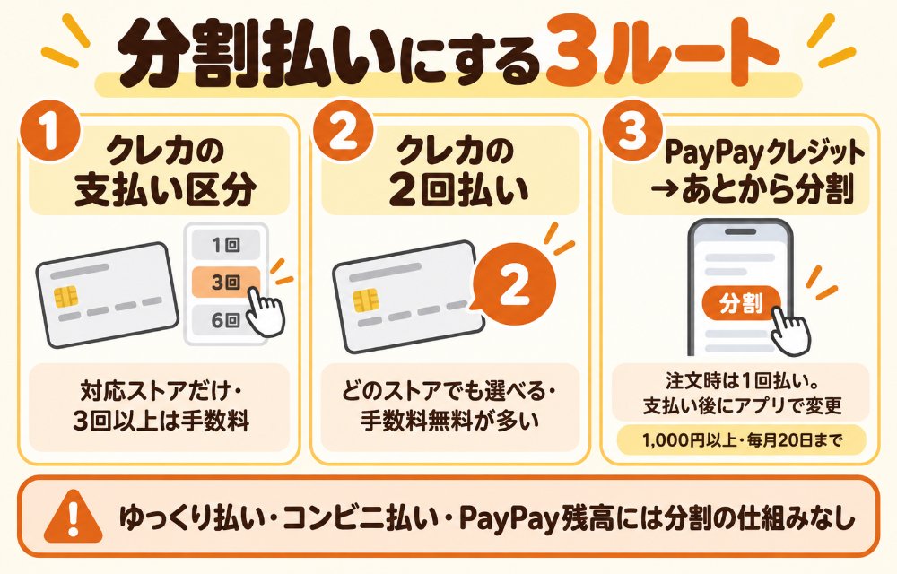 ヤフーショッピングで分割払いにする3ルート(①クレジットカードの支払い区分:対応ストアだけ・3回以上はカード会社の手数料、②クレジットカードの2回払い:どのストアでも選べる・手数料無料のカード会社が多い、③PayPayクレジットは注文時は1回払い→支払い後にPayPayアプリで「あとから分割」に変更・1,000円以上・毎月20日まで)