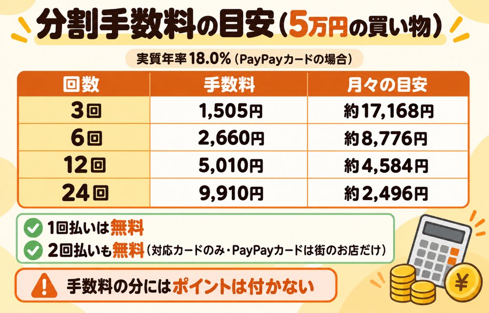PayPayカードの分割払い手数料の早見表(実質年率18%。50,000円の買い物を3回に分けると手数料1,505円・月17,168円前後、6回なら2,660円・月8,776円、12回なら5,010円・月4,584円、24回なら9,910円・月2,496円。2回払いは街のお店のみで手数料無料、1回払いは無料)