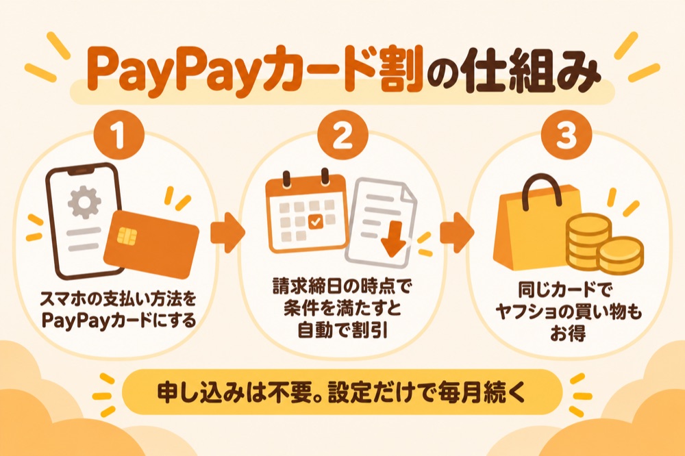 PayPayカード割の仕組み:スマホの支払い方法をPayPayカードにする→請求締日の時点で条件を満たすと自動で割引→同じカードでヤフショの買い物もお得。申し込みは不要で設定だけで毎月続く