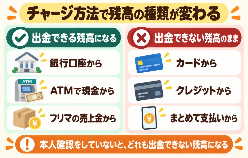 PayPayのチャージ方法で残高の種類が変わる(本人確認前はすべてマネーライト。本人確認後は銀行口座とATMと売上金からのチャージがPayPayマネーになり、PayPayカードやクレジットやまとめて支払いは本人確認後もマネーライトのまま)