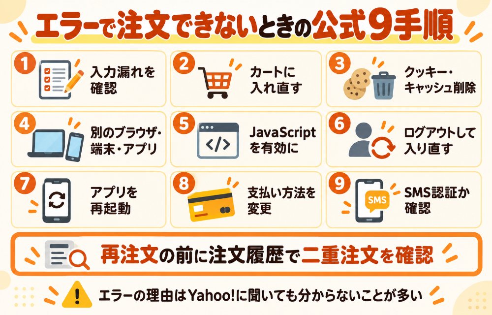 ヤフーショッピングでエラーが出て注文できないときの公式9手順(①入力漏れがないか確認②カートに商品を入れ直す③クッキーとキャッシュを削除④別のブラウザ・端末・アプリで手続き⑤JavaScriptが有効か確認⑥いったんログアウト⑦アプリを再起動⑧支払い方法を変更⑨ログイン方法がSMS認証か確認。注文できたか分からないときは注文履歴で二重注文を確認)