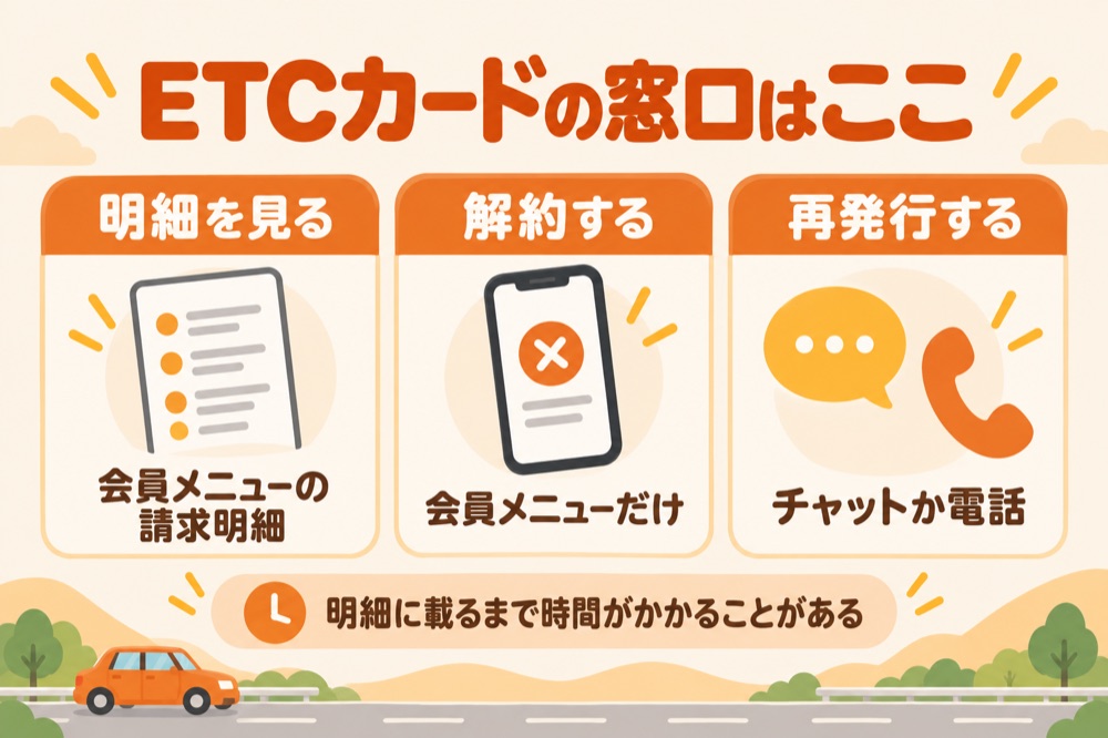 ETCカードの窓口はここ:明細を見る=会員メニューの請求明細/解約する=会員メニューだけ/再発行する=チャットか電話。明細に載るまで時間がかかることがある