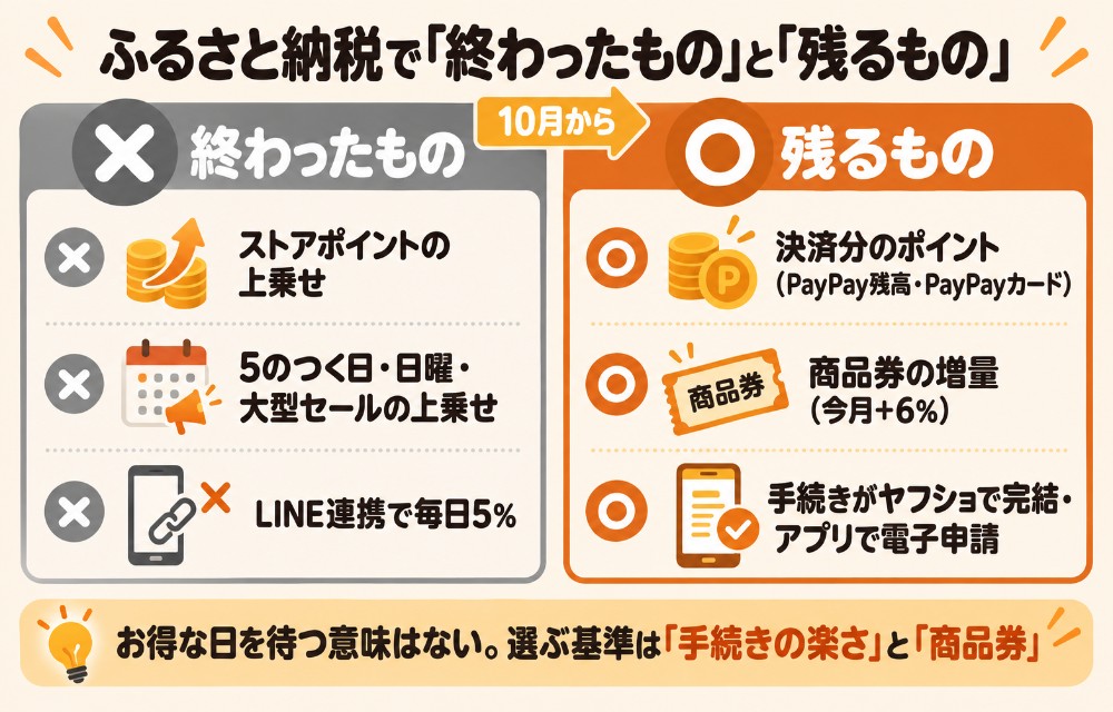 ヤフーショッピングのふるさと納税で2025年10月に終わったもの(ストアポイント・5のつく日・日曜・大型セールの上乗せ)と残るもの(決済分のポイント・商品券増量・手続きの手軽さ)