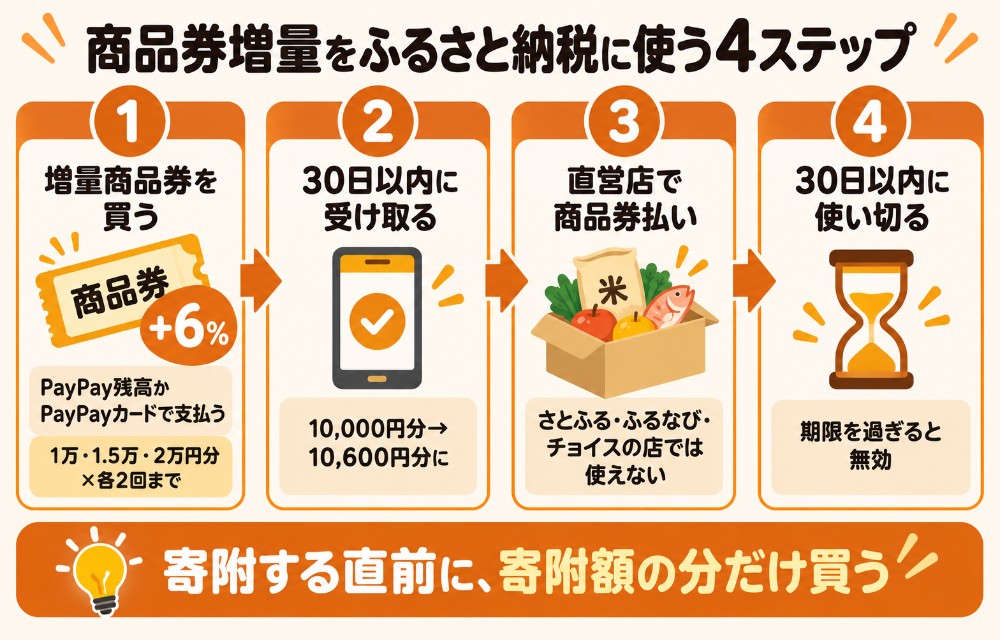 ヤフーショッピング商品券の増量キャンペーンをふるさと納税に使う4ステップ(増量商品券を指定の支払い方法で買う→30日以内に受け取る→直営店で商品券払いで寄附→30日以内に使い切る)