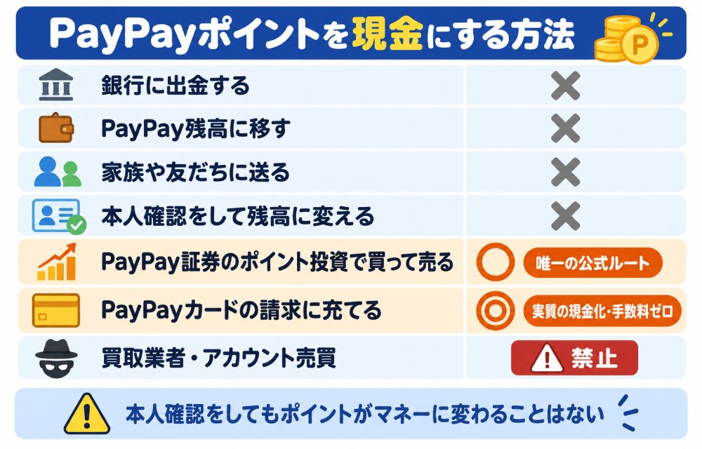 PayPayポイントを現金にする方法の○×早見表(銀行に出金×・PayPay残高に移す×・人に送る×・本人確認で残高に変える×・PayPay証券のポイント投資経由○・PayPayカードの請求に充てる=実質○・買取業者やアカウント売買は禁止)