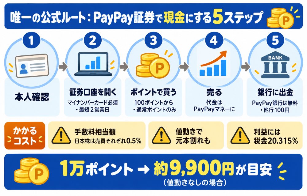 PayPayポイントをPayPay証券で現金にする5ステップ(PayPayの本人確認→PayPay証券の口座開設(マイナンバーカード・最短2営業日)→ポイントで100ポイントから買付→売却するとPayPayマネーに→銀行口座に出金)とかかるコスト(日本株は売買それぞれ0.5%・値動き・利益に20.315%の税金)