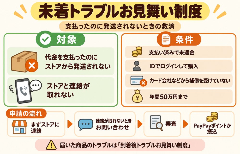 未着トラブルお見舞い制度の条件(対象:代金を支払ったのにストアから発送されない・ストアと連絡が取れない。条件:支払い済みで未返金・IDでログインして購入・カード会社などから補償を受けていない・転売目的でない・年間50万円まで。手順:まずストアに連絡→連絡が取れないときお問い合わせから「注文後のトラブル」→審査→PayPayポイントか銀行振込。届いた商品のトラブルは別の「到着後トラブルお見舞い制度」)