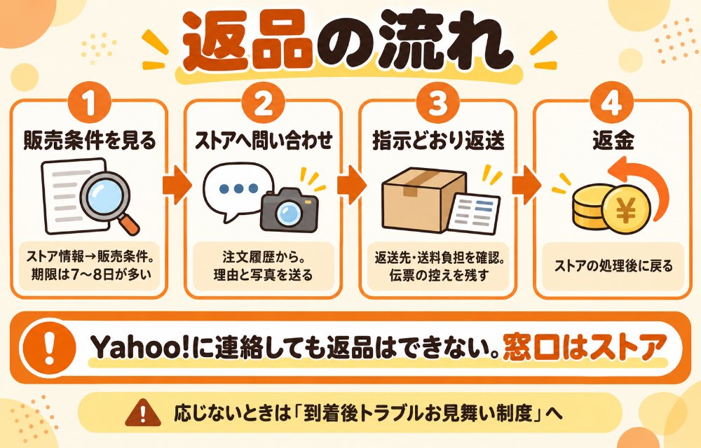 ヤフーショッピングの返品の流れ(①商品ページの「ストア情報」→「販売条件」で返品条件と期限を見る→②注文履歴の「ストアへ問い合わせ」から理由と写真を送る→③ストアの指示どおりに返送する(返送先・送料負担・追跡できる方法・伝票の控え)→④ストアの処理後に返金。Yahoo!ショッピングに連絡しても返品はできない。返品に応じないときは到着後トラブルお見舞い制度へ)