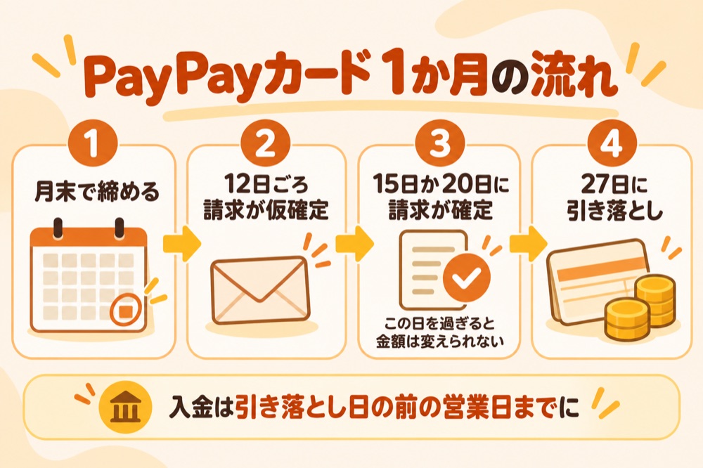 PayPayカード 1か月の流れ:月末で締める→12日ごろ請求が仮確定→15日か20日に請求が確定(この日を過ぎると金額は変えられない)→27日に引き落とし。入金は引き落とし日の前の営業日までに