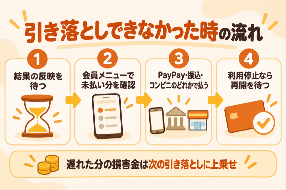 引き落としできなかった時の流れ:結果の反映を待つ→会員メニューで未払い分を確認→PayPay・振込・コンビニのどれかで払う→利用停止なら再開を待つ。遅れた分の損害金は次の引き落としに上乗せ