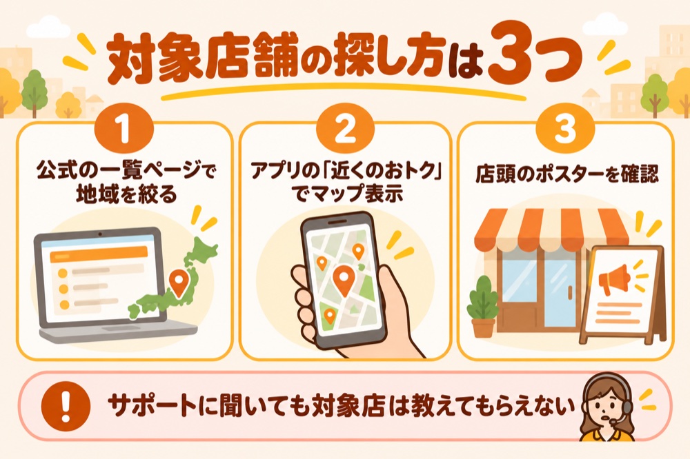 対象店舗の探し方は3つ:公式の一覧ページで地域を絞る・アプリの「近くのおトク」でマップ表示・店頭のポスターを確認。サポートに聞いても対象店は教えてもらえない