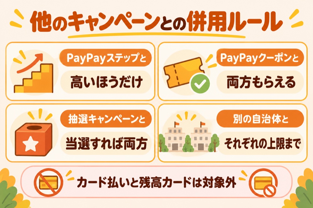 他のキャンペーンとの併用ルール:PayPayステップとは高いほうだけ・PayPayクーポンとは両方もらえる・抽選キャンペーンとは当選すれば両方・別の自治体とはそれぞれの上限まで。カード払いと残高カードは対象外