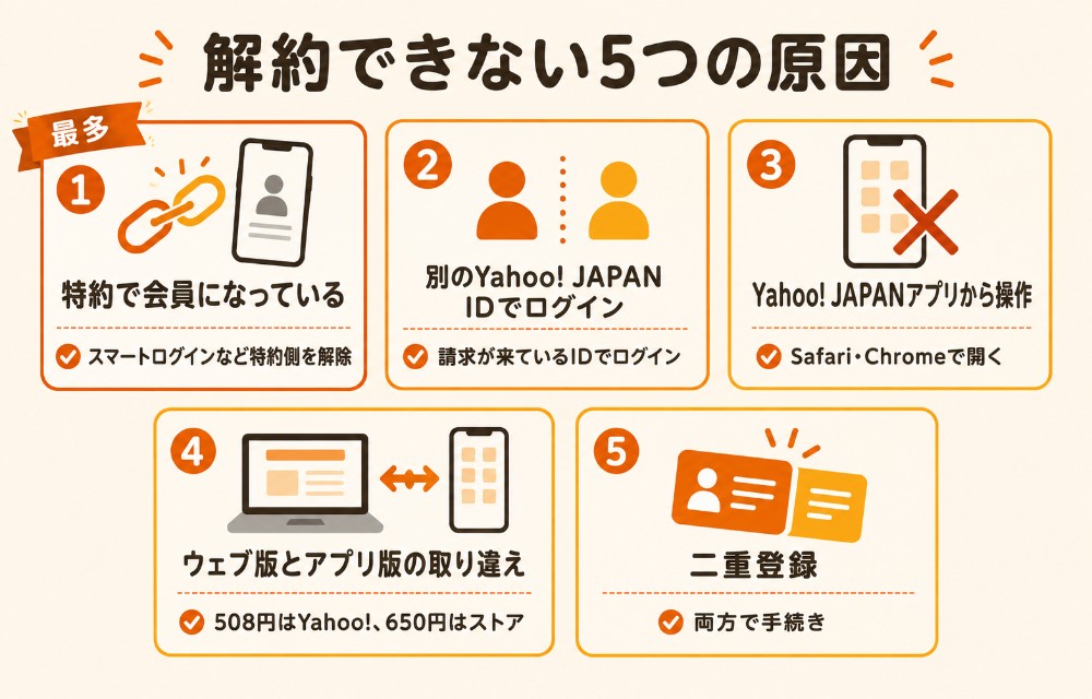 LYPプレミアムが解約できない5つの原因(特約で会員になっている・別のIDでログイン・Yahoo! JAPANアプリから操作・アプリ版とウェブ版の取り違え・二重登録)