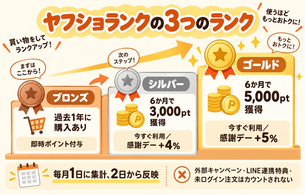 ヤフショランクの3ランクと条件(ブロンズ:過去1年に購入あり・即時ポイント付与/シルバー:過去6か月で3,000pt獲得・今すぐ利用と感謝デー+4%/ゴールド:5,000pt獲得・感謝デー+5%/集計は前月からさかのぼって6か月・毎月1日集計→2日反映/カウントされないのは外部CP・LINE連携特典・レビューCP・未ログイン注文など)