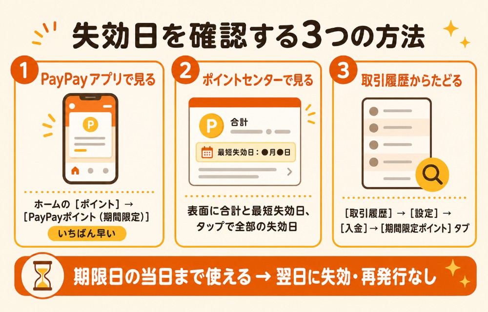 PayPayポイントの失効日を確認する3つの方法(PayPayアプリのポイント画面・Yahoo!のポイントセンター・取引履歴の期間限定タブ)