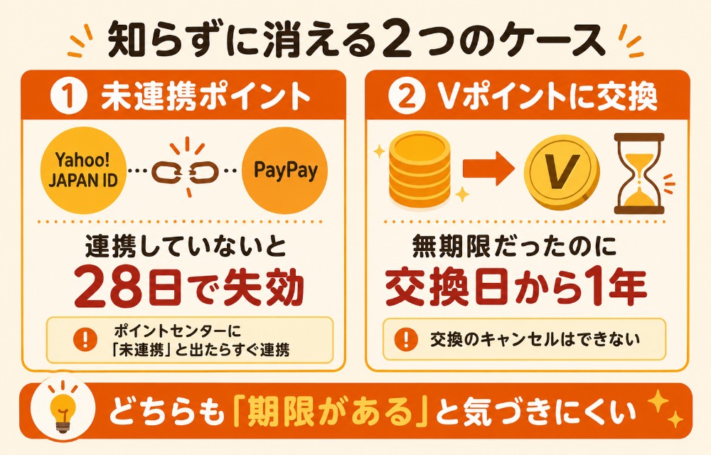 PayPayポイントが知らずに消える2つのケース(Yahoo! JAPAN IDとPayPayが未連携だと28日で失効・Vポイントに交換すると1年の期限)