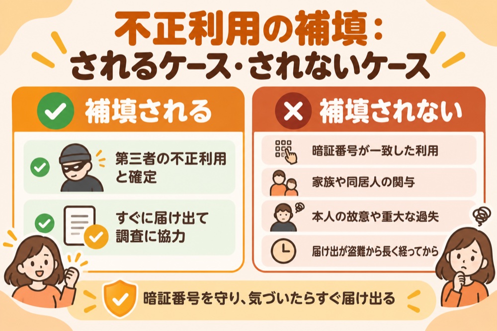 不正利用の補填:されるケース(第三者の不正利用と確定・すぐ届け出て調査に協力)と、されないケース(暗証番号が一致した利用・家族や同居人の関与・故意や重大な過失・届け出が盗難から長く経ってから)