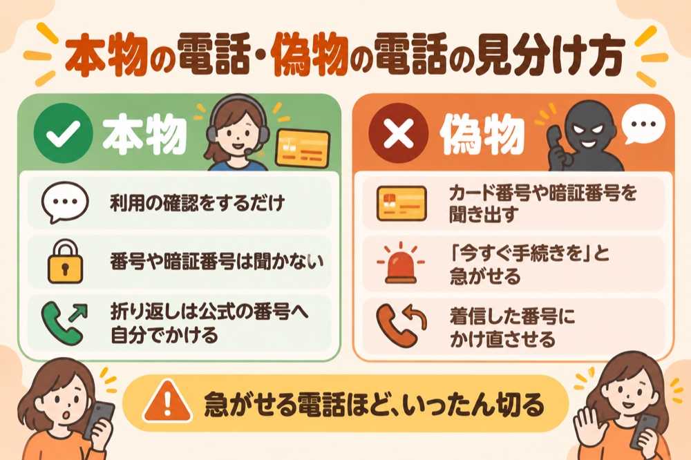 本物の電話・偽物の電話の見分け方:本物は利用の確認をするだけで番号や暗証番号は聞かない、折り返しは公式の番号へ自分でかける。偽物は番号を聞き出す・急がせる・着信番号にかけ直させる