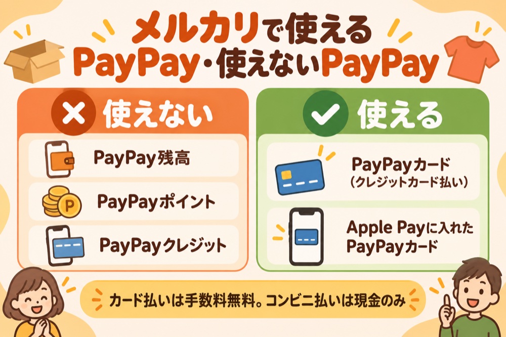 メルカリで使えるPayPay・使えないPayPay：残高・ポイント・PayPayクレジットは使えない、PayPayカードのクレジットカード払いとApple Payに入れたPayPayカードは使える