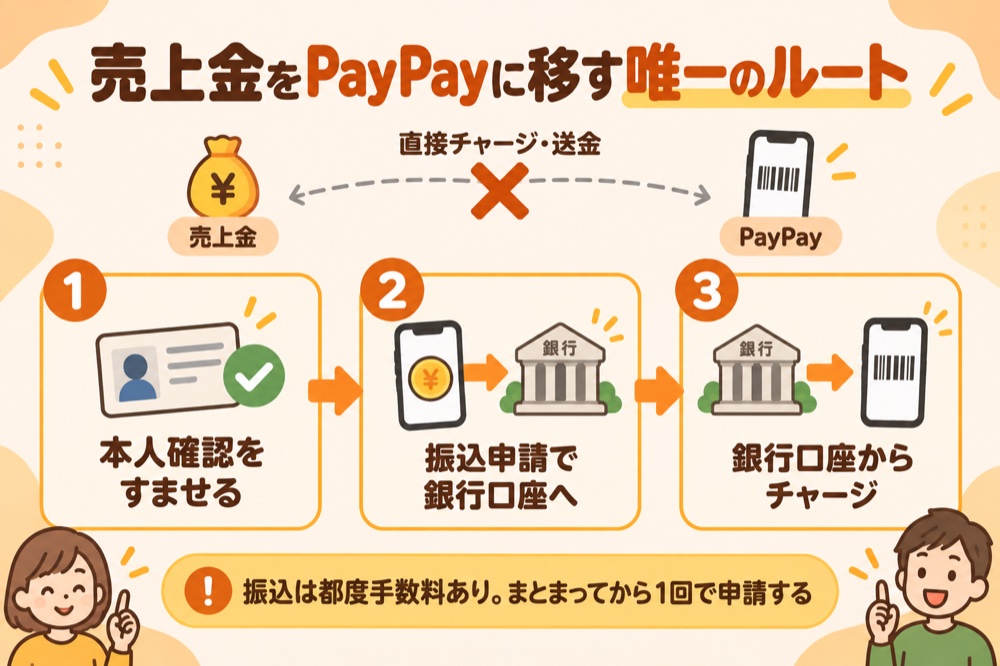 売上金をPayPayに移す唯一のルート：直接チャージ・送金は不可。本人確認→振込申請で銀行口座へ→銀行口座からPayPayにチャージ