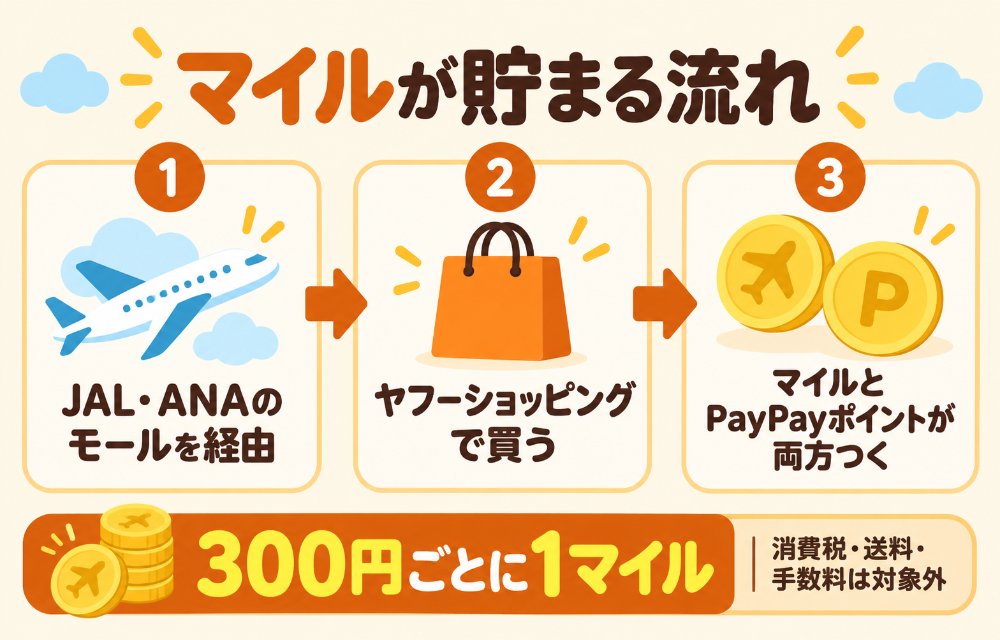 ヤフーショッピングでマイルを貯める方法(JALマイレージパークかANAマイレージモールを経由してから買う。どちらも300円ごとに1マイル。ヤフーショッピング側のPayPayポイントは減らず、PayPay払いでもマイルは付く)