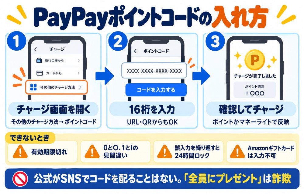 PayPayポイントコードの入力3ステップ(チャージ画面の「その他のチャージ方法」→「ポイントコード」→16桁を入力して確認)と注意点(有効期限・0とO/1とIの見間違い・誤入力を繰り返すと24時間ロック・Amazonギフトカードは入力不可)