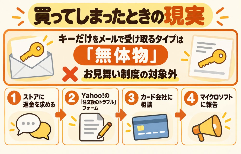 激安Officeを買ってしまったときの現実(プロダクトキーだけを通知するタイプは「無体物」なので到着後トラブルお見舞い制度の対象外。まずストアに返金を求め、応じなければYahoo!の「注文後のトラブル」フォームやカード会社に相談する)