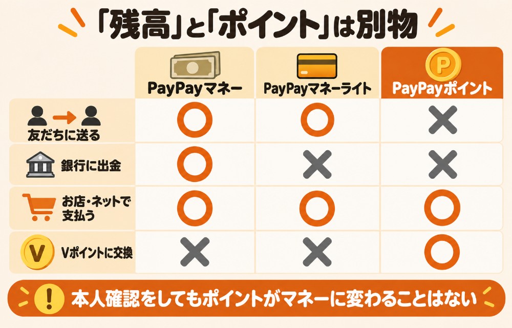 PayPay残高(マネー・マネーライト)とPayPayポイントの違い(送る・出金・支払いのできる/できない)