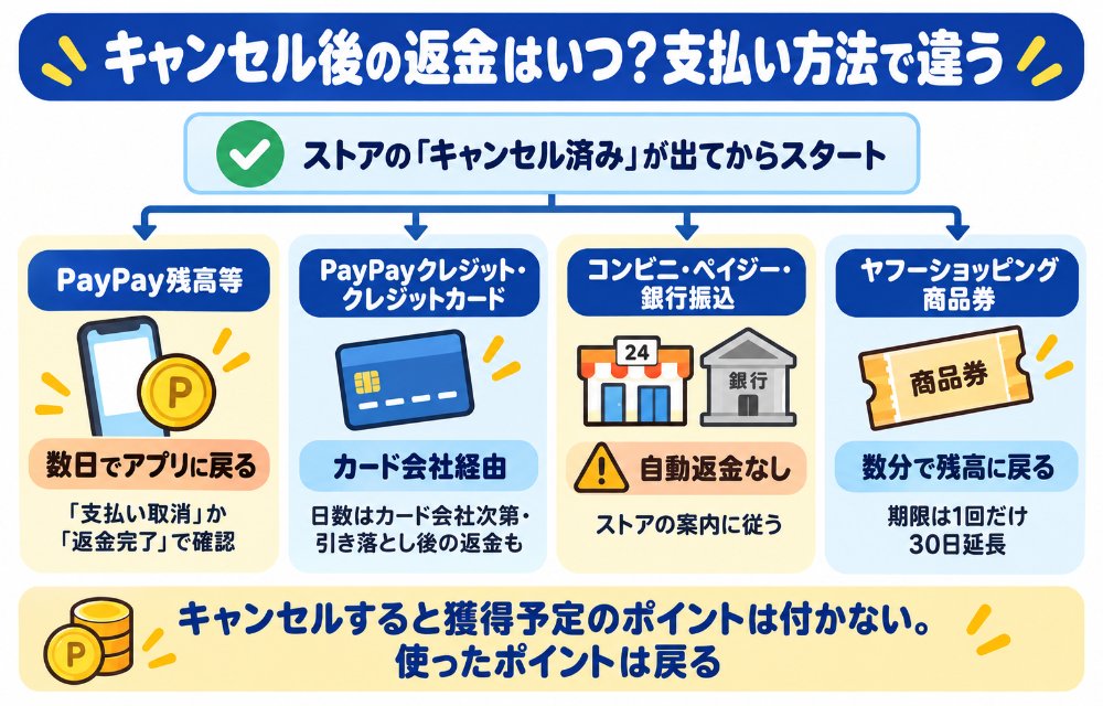 ヤフーショッピングのキャンセル後の返金の流れ(支払い方法別:PayPay残高等はストア処理後数日でアプリに「支払い取消」か「返金完了」/PayPayクレジット・クレジットカードはカード会社経由で日数はカード会社次第/コンビニ・ペイジー・銀行振込は自動返金なしでストア対応/商品券は残高に戻り期限が30日延長)
