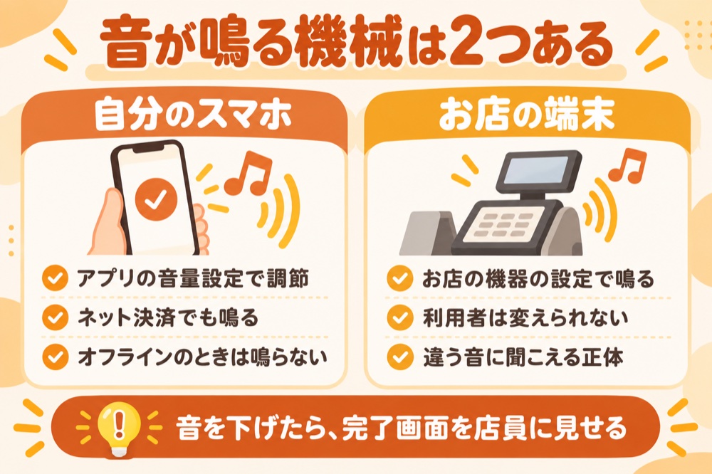 音が鳴る機械は2つある：自分のスマホ（アプリの音量設定で調節・ネット決済でも鳴る・オフラインのときは鳴らない）とお店の端末（お店の機器の設定で鳴る・利用者は変えられない・違う音に聞こえる正体）