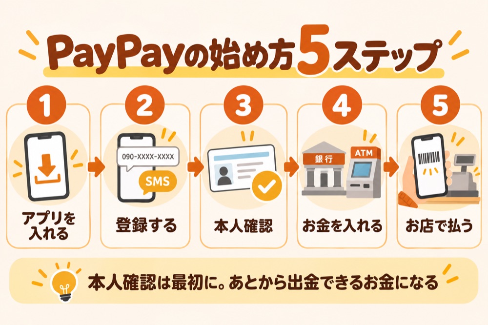PayPayの始め方5ステップ:アプリを入れる・登録する・本人確認・お金を入れる・お店で払う