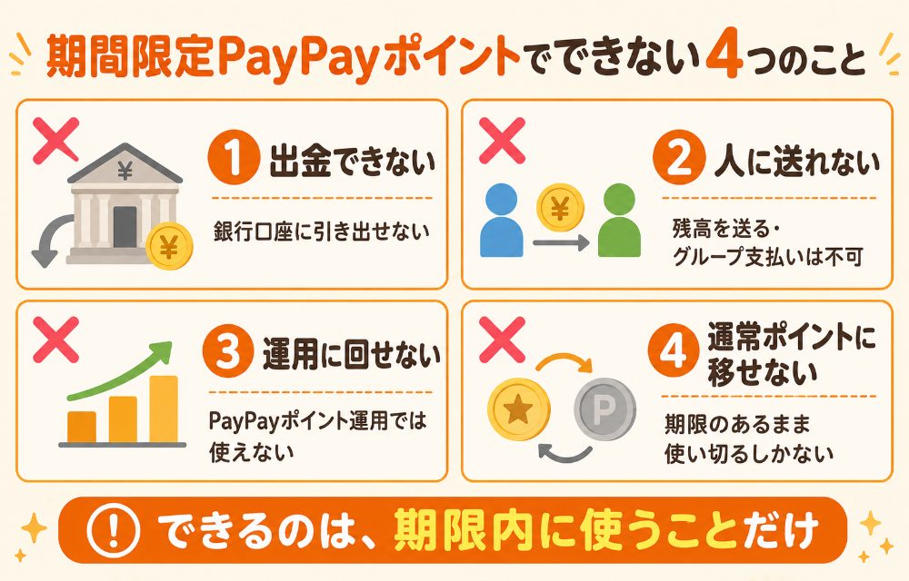期間限定PayPayポイントでできないこと4つ(出金・送金・ポイント運用・通常ポイントへの移行)