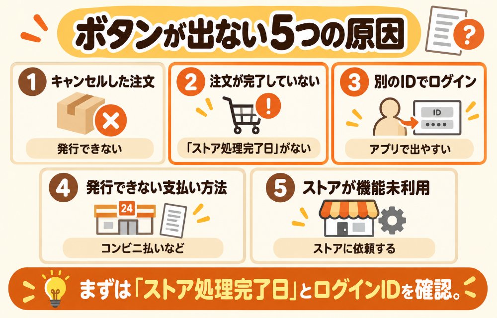 ヤフーショッピングで「領収書発行」ボタンが表示されない5つの原因(①キャンセルした注文 ②領収書を発行できない支払い方法 ③注文が完了していない=注文履歴詳細に「ストア処理完了日」が出ていない ④ストアが領収書機能を利用していない ⑤アプリで注文時と違うIDでログインしている、または未ログイン)