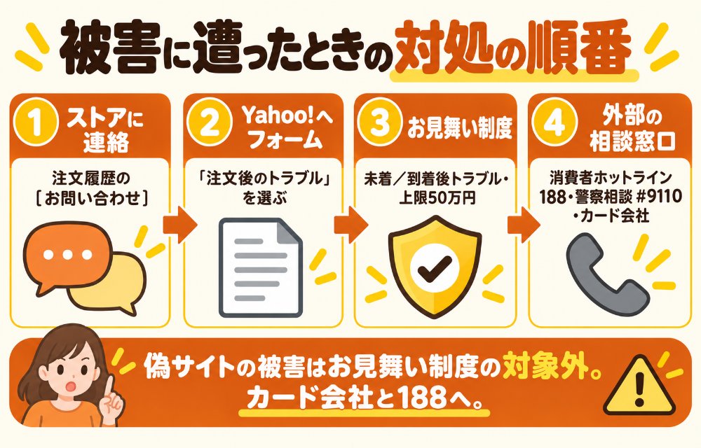ヤフーショッピングで詐欺・トラブルに遭ったときの対処の順番（①注文履歴の［お問い合わせ］でストアに連絡→②連絡が取れなければ公式フォーム「注文後のトラブル」→③発送されないなら未着トラブルお見舞い制度、届いた商品が偽物・不良なら到着後トラブルお見舞い制度（上限50万円・審査あり）→④解決しなければ消費者ホットライン188、警察相談専用電話#9110、カード会社）
