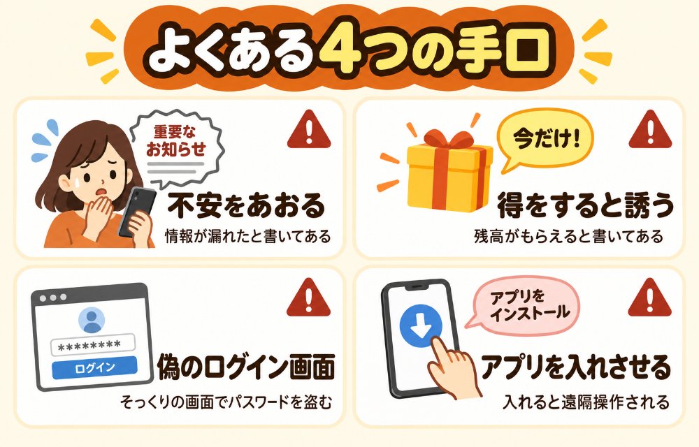 PayPayを装う詐欺メールやSMSの手口（不安を煽ってパスワード変更を求める、残高がもらえると誘う、偽のログイン画面でパスワードを盗む、不審なサイトからアプリを入れさせてスマホを遠隔操作する）