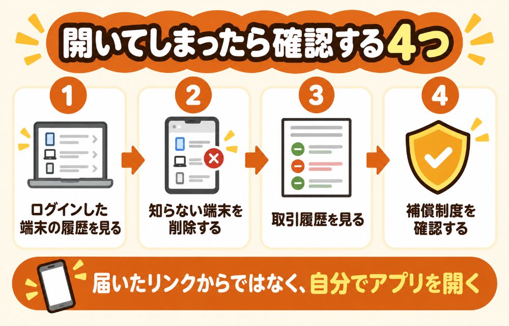 PayPayで不審なリンクを開いてしまったときの確認手順（端末の管理でログイン履歴を見る、心当たりのない端末を削除する、すべての端末を削除してログアウトする、取引履歴で身に覚えのない請求を確認する、補償制度を確認する）