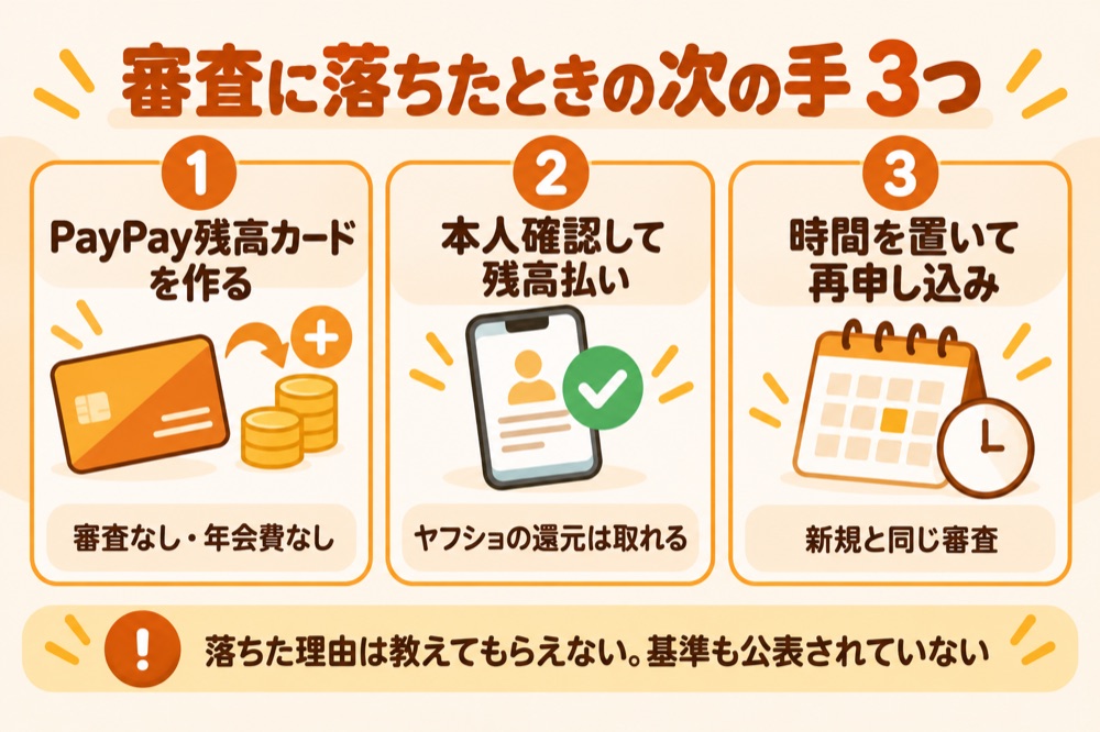 審査に落ちたときの次の手3つ:PayPay残高カード・本人確認して残高払い・時間を置いて再申し込み