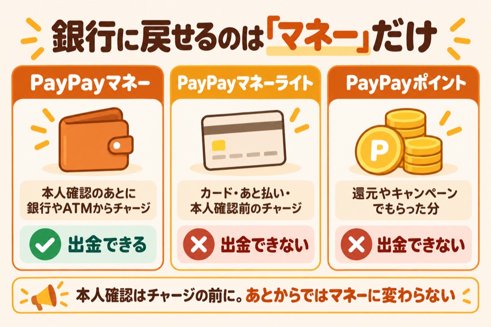 銀行に戻せるのは「マネー」だけ:PayPayマネー・マネーライト・ポイントの出金可否