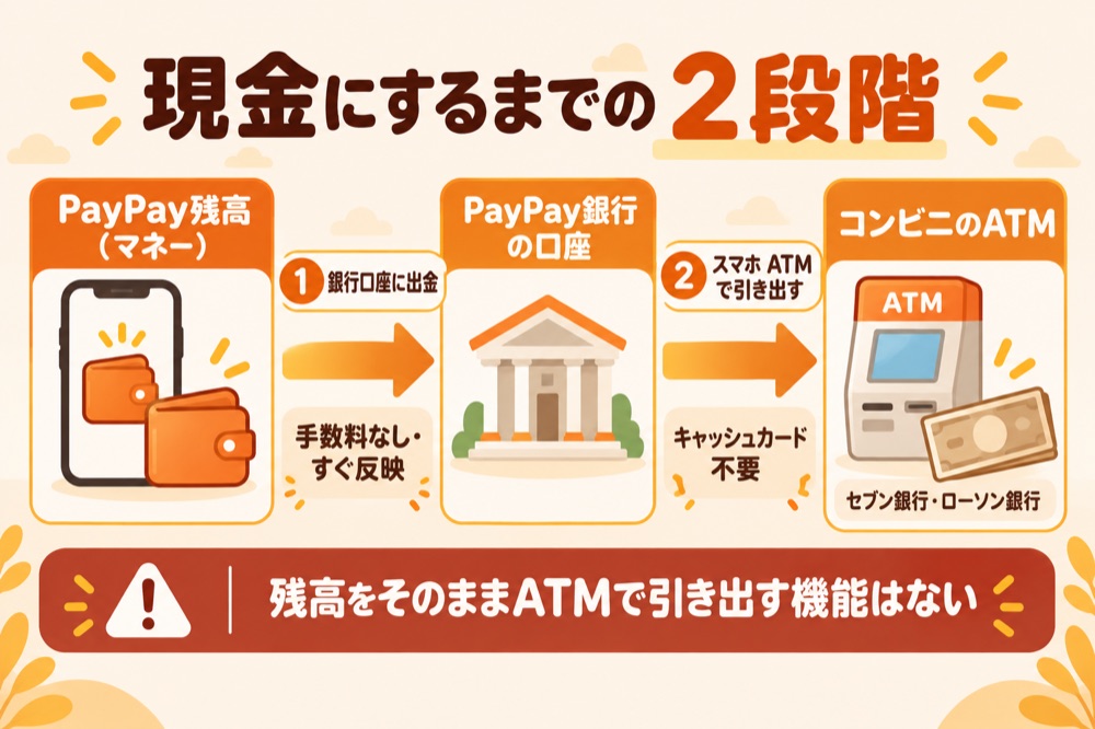 現金にするまでの2段階:PayPay銀行に出金→スマホATMでコンビニATMから引き出す