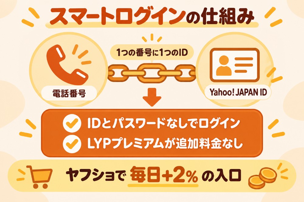 スマートログインの仕組み(ソフトバンクの電話番号とYahoo! JAPAN IDを連携し、IDとパスワードなしでログインできる。設定するとLYPプレミアムが無料になり、ヤフーショッピングで毎日+2%)