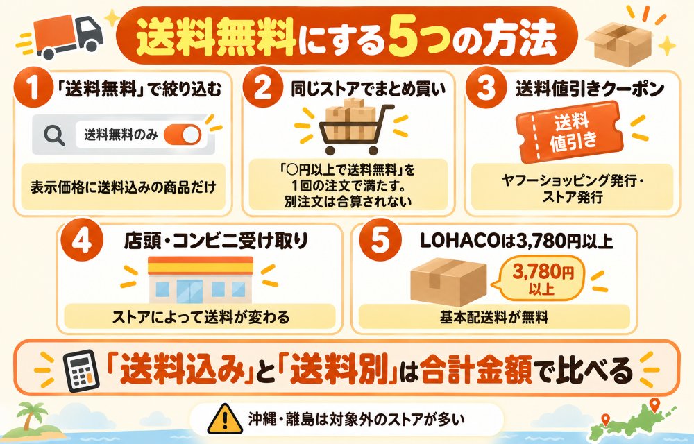 ヤフーショッピングで送料無料にする5つの方法(①検索の絞り込みで「送料無料」をオン=表示価格に送料込みの商品だけ、②「◯円以上で送料無料」のストアで同じストアの商品をまとめて1回で注文=別注文は合算されない、③送料から値引きされるクーポン=ヤフーショッピング発行・ストア発行、④店頭受け取り・コンビニ受け取りを選ぶ=ストアによって送料が変わる、⑤LOHACOは3,780円以上で基本配送料が無料)