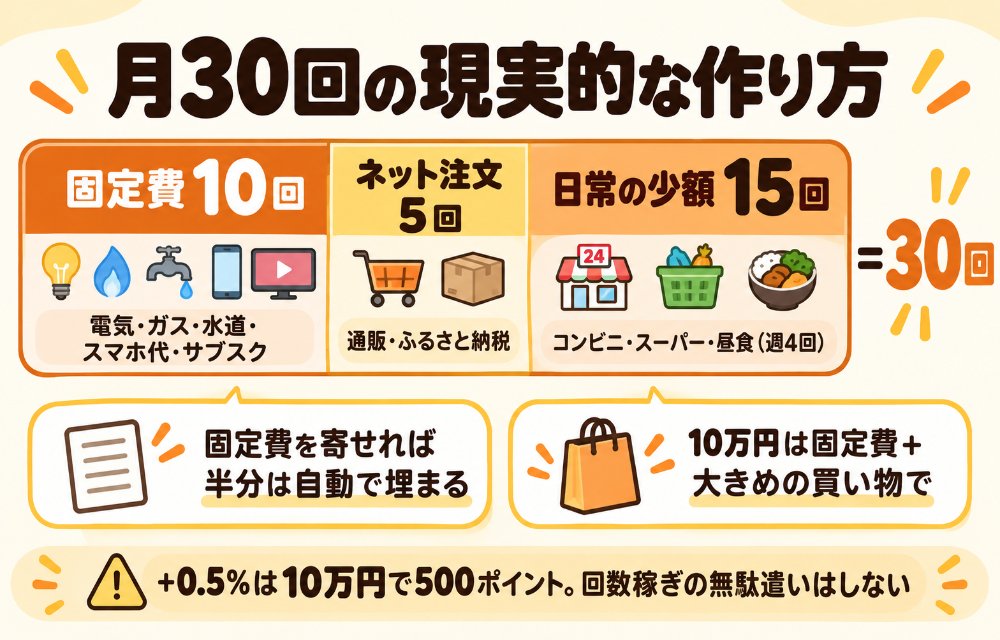 PayPayステップの30回・10万円の現実的なモデル(固定費で10回:電気・ガス・水道・スマホ・サブスク2〜3本・Amazonやヤフーショッピングの定期的な注文/日常で20回:コンビニ・スーパー・ドラッグストア・昼食・カフェを週5回×4週。10万円は固定費と大きめの買い物で作る。+0.5%は10万円で500ポイントなので無理はしない)