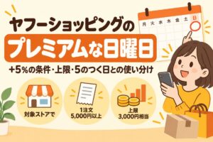 ヤフーショッピングのプレミアムな日曜日：+5%の条件・上限・5のつく日との使い分け（対象ストアで1注文5,000円以上・上限3,000円相当）