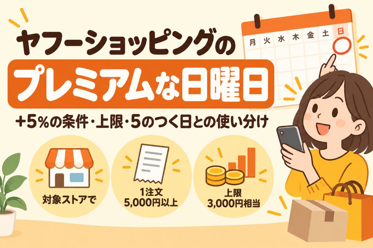 ヤフーショッピングのプレミアムな日曜日:+5%の条件・上限・5のつく日との使い分け(対象ストアで1注文5,000円以上・上限3,000円相当)