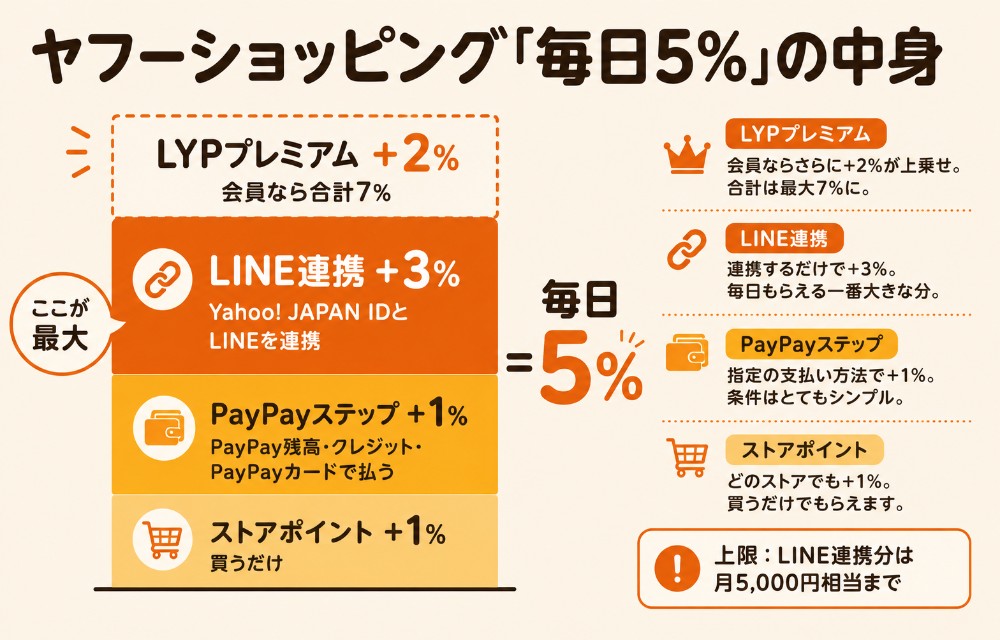 ヤフーショッピングの毎日5%の内訳（ストアポイント1%＋PayPayステップ1%＋LINE連携3%）とLYPプレミアムの上乗せ