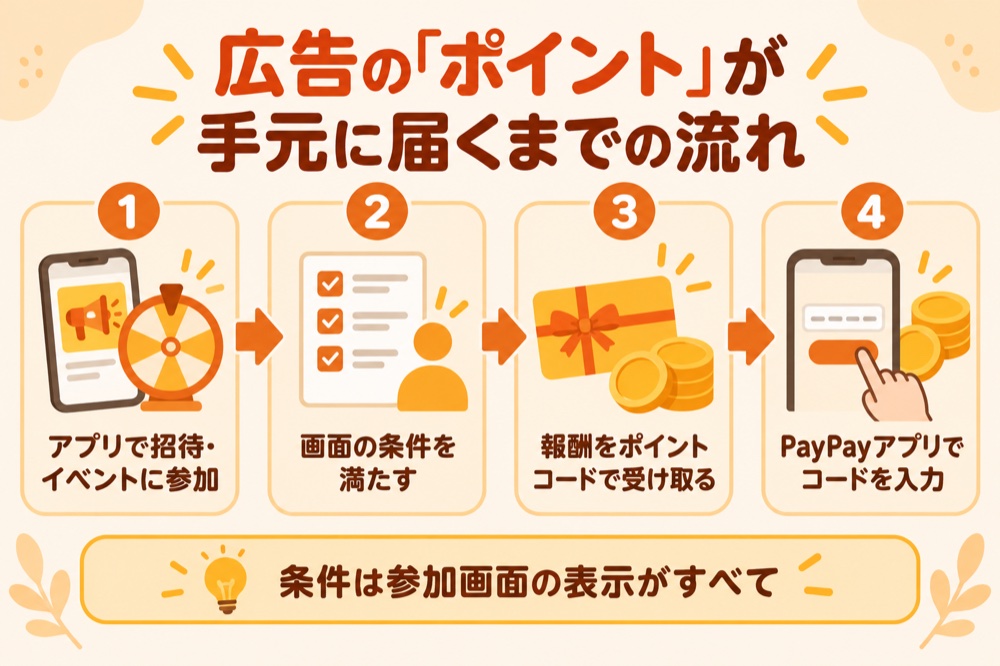 広告の「ポイント」が手元に届くまでの流れ:アプリで招待・イベントに参加→画面の条件を満たす→報酬をポイントコードで受け取る→PayPayアプリでコードを入力。条件は参加画面の表示がすべて
