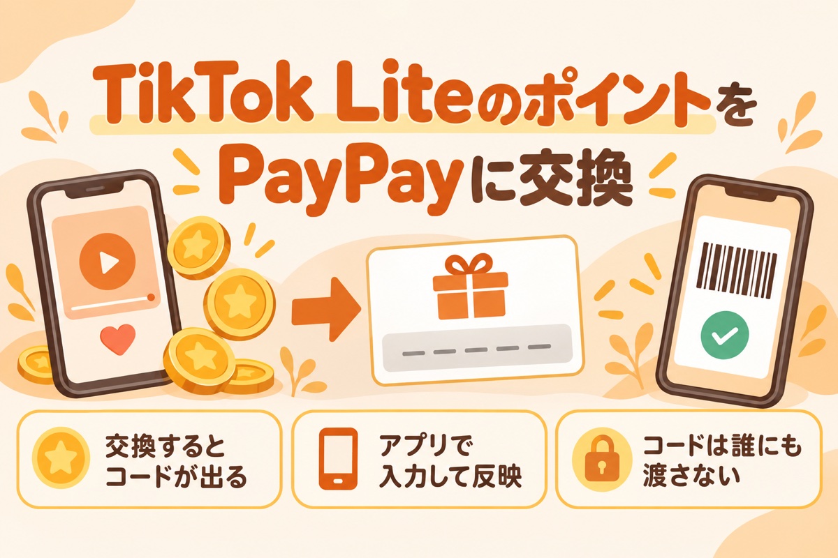 TikTok LiteのポイントをPayPayに交換:交換するとコードが出る・アプリで入力して反映・コードは誰にも渡さない